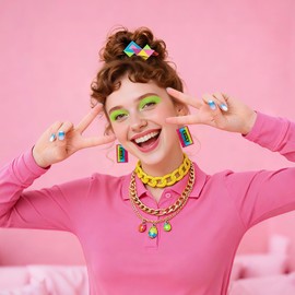 IHFAIO 4 Pairs 80s 90s Earrings for Women, Neon Accessories, Colorful Lightning Cassette Acrylic Drop Earrings Neon Earrings for 80's Party Halloween