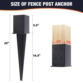 2 Pcs 4"x4" Fence Post Anchor,（Inner Size 3.6"x3.6"） Heavy Duty Fence Post Anchor Ground Spike 22" with Black Powder-Coated Outdoor Support Deck,Fence,Porch,Railing,Mailbox..