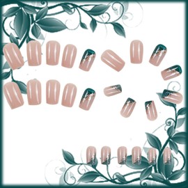 24Pcs Dark Green Gradient Press on Nails Marble Medium Square Manicure Art Acrylic Fake Nails Stick on Nails Glossy Gold Glitter False Nails Gel Glue on Nails with Gold Foil Design for Women