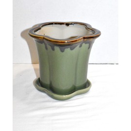 New 5" Ceramic Clover Shape Green & Reactive Brown Edge Planter Plant & Saucer