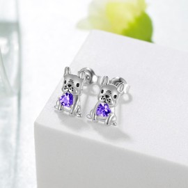 French Bulldog Earrings 925 Sterling Silver Cute Dog Stud Earrings Animal Jewelry Gifts for Women (February Birthstone)