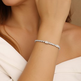 BXDA Silver Chunky White Rhinestone Bangle Bracelets for Women, Dainty Statement Cubic Zirconia Crystal Link Bracelet Fashion Jewelry Gift