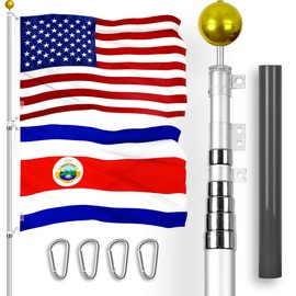 G128 Combo Pack: 20 Ft Telescoping Aluminum Flagpole (Silver) & American and Costa Rica Flags 3x5 Ft, Both ToughWeave Series Embroidered Polyester | Pole with Flags Included