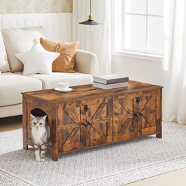 HOOBRO 47.2" Litter Box Enclosure for 2 Cats, Hidden Litter Box Furniture with Double Rooms, Wooden Cat Litter Box Enclosure, Dual Litter Box Design, Large Cat House for 2 Cats, Rustic Brown BF32MW01