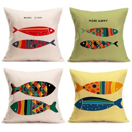 Sea Theme Fish Pillow Covers Nautical Throw Pillowcases Beach Cushion Covers 18 X 18 Inch,4 Pack(Sea-2)