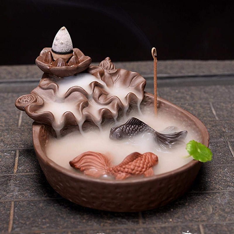 Two Fishes Incense Holders Ceramic Backflow Incense Burner Purple Clay