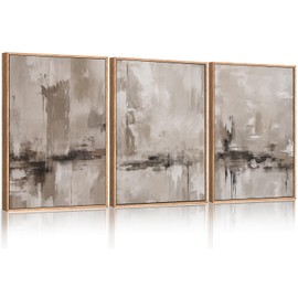 KAIRNE Abstract Pastel Grunge Framed Canvas Wall Art Set, Neutral Beige Gray Textured Wall Decor, Minimalist Shapes Wall Painting, Modern Brush Stroke Art Painting for Living Room, Bedroom, Office - 16"x24"x3