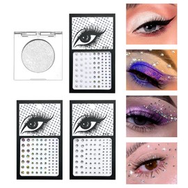 Jutqut Shimmer Glitter Eyeshadow Palette & 3Pcs Self Adhesive Face Gems Rhinestones Stick on Set, Sparkle Bling Korean Eye Glitter, Single Eyeshadow Palette & Body Gems Diamonds for Eye Makeup