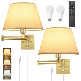 TRLIFE Remote Control Dimmable Wall Sconce, Adjustable Color Temperature 2700K-6500K Brushed Brass Swing Arm Wall Lights with Plug in Cord, 11.8" Large White Shade(2 Pack, 2 Bulbs)
