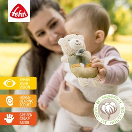 Fehn FehnNATUR Baby Ring Grasping Toy Bear - Cuddly Toy with Organic Cotton - Baby Toy with Rattle & Toy for Playful Learning - Gripping Toy for Babies and Toddlers from 0+ Months