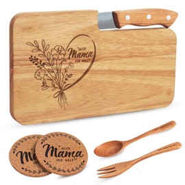 SLDALES Wooden Chopping Board, Best Mum Gift, Mother Christmas Gifts, Breakfast Board, Wooden Board + Liffel Fork with Engraving + Glass Coaster