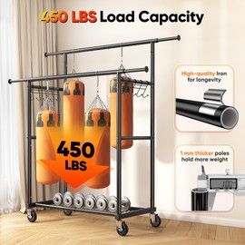 HOKEEPER Clothes Rack Heavy Duty Clothing Rack with Wheels Double Rod Garment Rack for Hanging Clothes Portable Closet Rack with Shelves, Black