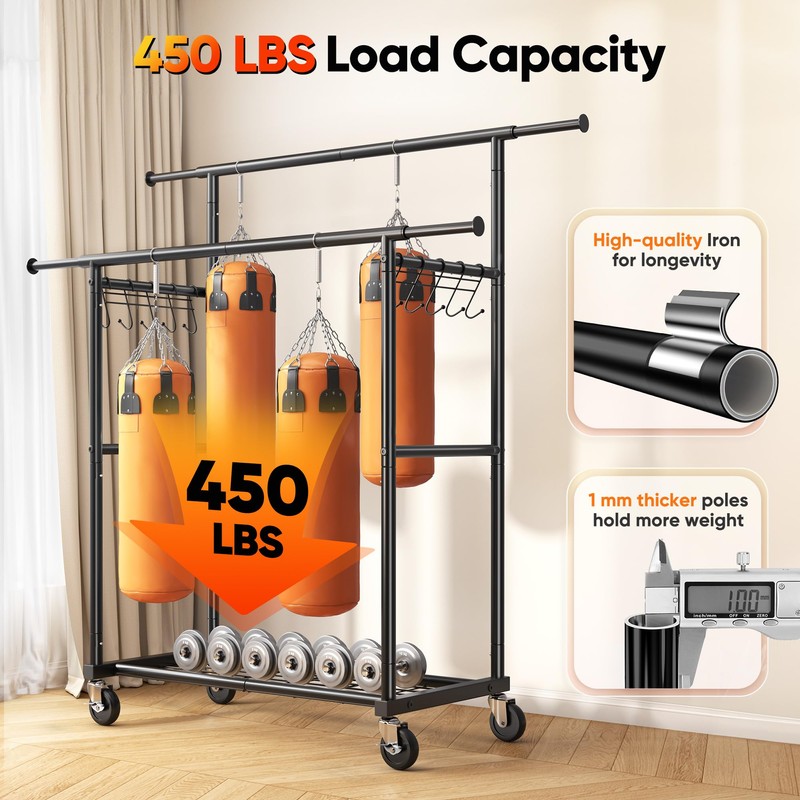 HOKEEPER Clothes Rack Heavy Duty Clothing Rack with Wheels Double