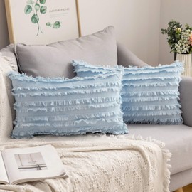 MIULEE Set of 2 Decorative Boho Throw Pillow Covers Linen Striped Jacquard Pattern Summer Cushion Covers for Sofa Couch Living Room Bedroom 12x20 Inch Light Blue