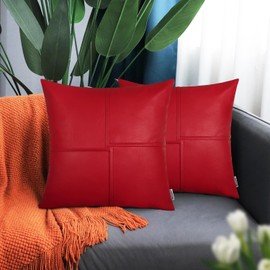 BRAWARM Faux Leather Throw Pillow Covers 16 X 16 Inches, Christmas Red Leather Pillow Covers Pack of 2, Hand Stitched Leather Decorative Throw Pillows for Couch Sofa Bed Living Room Home Garden
