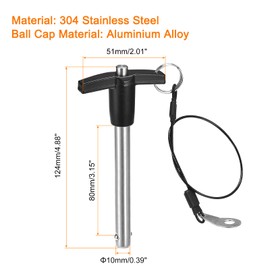 sourcing map T Handle Lock Pins, 25/64" Pin Dia. 3-5/32" Usage Length Stainless Steel Push-Button Quick Release Pin with Lanyard Cable (10mm-80mm)