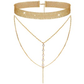 Suyi Gold Necklace for Women Long Crystal Y Neckalce Layered Chock Necklace Gold 2