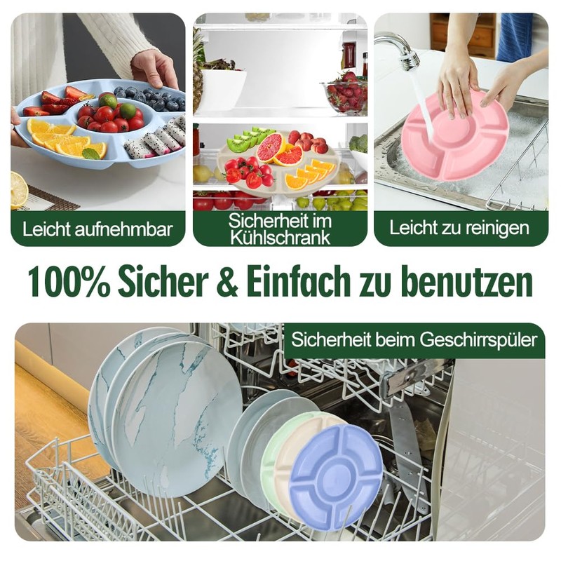 agctrler Pack of 4 Snack Plates with 5 Compartments, Stackable