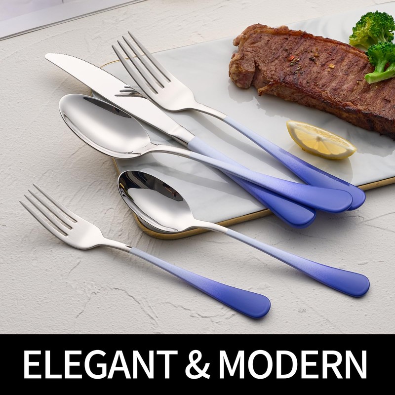 DINYWOW 20-Pieces Color Silverware Sets for 4,Blue and white Handle