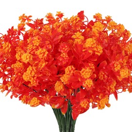 RECUTMS Fake Outdoor Plants Artificial Plastic Flowers Faux UV Resistant Greenery for Porch Fence Patio Yard Wedding Party Indoor Outdoor Decorations 8Pcs (Gold)