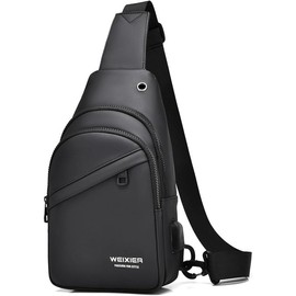 Waterproof Sling Bags Mens Shoulder Crossbody Backpack with USB Charging Port& Headphone,Outdoor Lightweight Bag - Color: A-black
