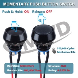 DMWD Momentary Domed Push Button Switch 1NO ON-Off Reset Micro Switch 3A 12V 24V 110V for 12mm Mounting Hole Aluminium Black Shell (Pre-Wired Black Button)