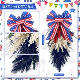Dingion 2 Pack 20 Inch Patriotic Wreath for Front Door 4th of July Red White and Blue Wreath with American Flag Bow Memorial Day Teardrop Swag Decor for Porch Wall Independence Veterans Day