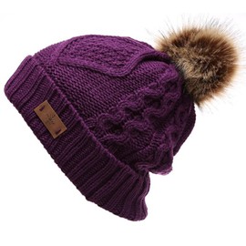 Women's Winter Fleece Lined Cable Knitted Pom Pom Beanie Hat (Purple, One Size)