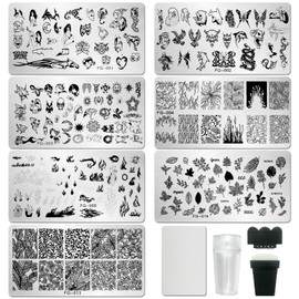 AddFavor Nail Stamper Kit 7pcs Nail Stamping Plates Flower Animal Flame Leaves Image Nail Stencils with 2 Stamp and 2 Scraper for Home Salon Manicure Design Supplies Tools
