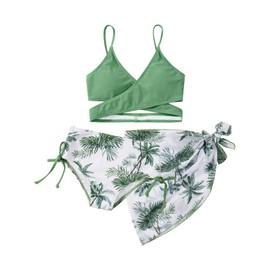 URMAGIC Girl's Swim Separates Three Piece Swimsuits Printed Bathing Suit Bikini Set Swimwear with Cover Up for Girls 8-12 Years
