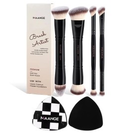 MAANGE Brochas para Maquillaje Profesional, 4 Brochas Maquillaje Y 2 Esponjas Maquillaje con caja de regalo de Doble Punta Premium para Pulir Líquidos, Cremas, Polvos, Difuminar y Contornear el Rostro