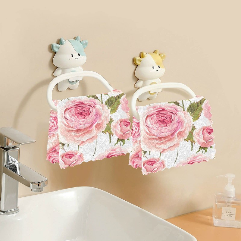Pink Rose Flower Floral Kitchen Dishcloths, 6 Pack Dish Towels