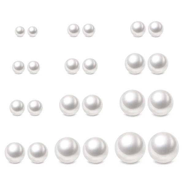 Charisma 4-12mm Composite Round Ball Pearls Stud Hypoallergenic 12 Pairs Mixed Sizes Imitation Pearl Stainless Steel Earrings Set for Girls Women