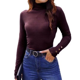 Hyipels Women's Turtleneck Sweater Long Sleeve Fitted Lightweight Soft Knit Pullover with Metal Buttons Wine Red
