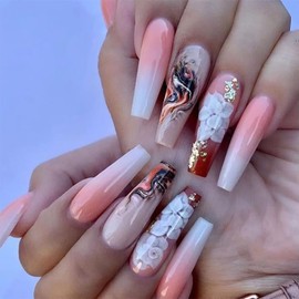 TBRZTR Extra Long Pink Square Press On Nails, 24 Pcs, Full Cover, Reusable, Glossy, Flower & Totem Design, DIY Glue On Nails