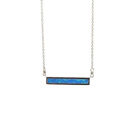Blue Opal Gemstone Bar Necklace- .925 Sterling Silver Gift Idea Valentine's Day Graduation Mother's Day Easter- (Sterling Silver)