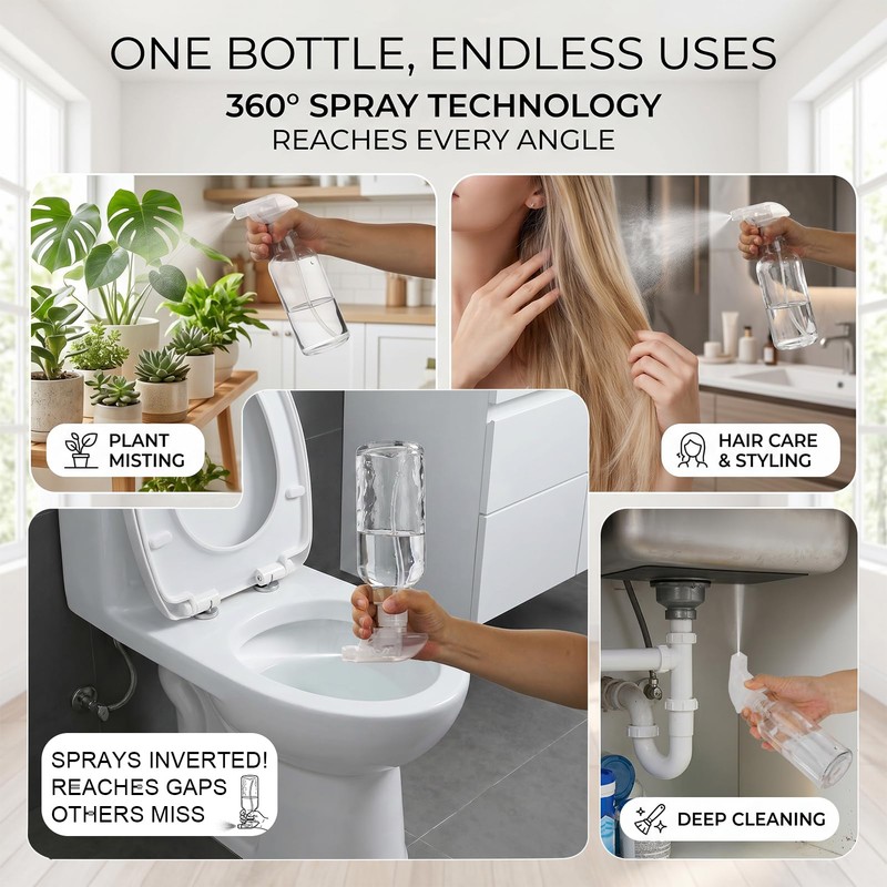 360° Glass Spray Bottles, Adjustable Nozzle, 16.9 oz, Clear