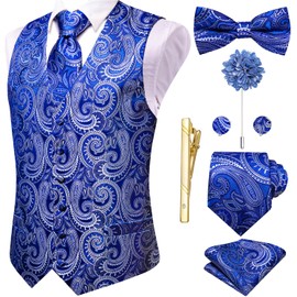 Hi-Tie Royal Blue White Paisley Silk Vests for Men Suit Vest and Tie Bowtie Lapel Pin Gold Tie Clip Paisley Floral Waistcoat 8PCS Set Tuxedo Wedding Party