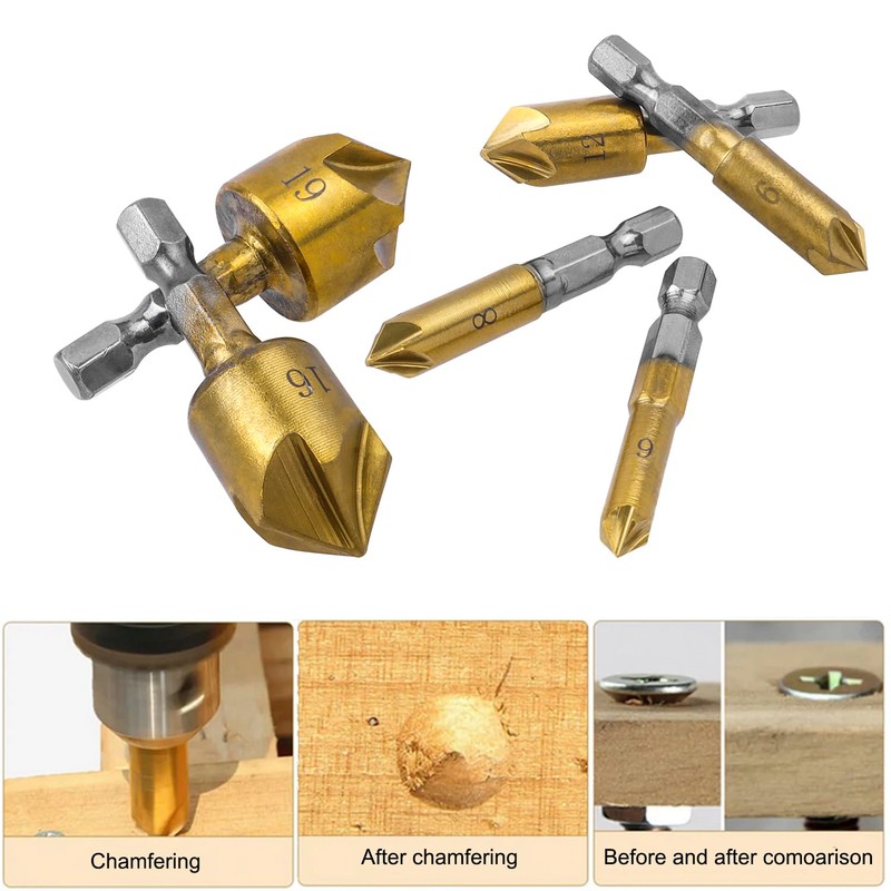 Bestgle 6Pcs 1/4" Countersink Drill Bit Set 5 Flute 82