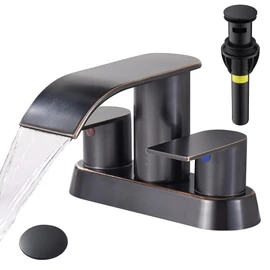 Waterfall Bathroom Sink Faucet 4 Inch Faucet 2 Handle Lead-Free Oil Rubbed Bronze, Bathroom Faucet with Pop Up Drain, 2 or 3 Holes Bathroom Basin Lavatory Mixer Tap with Deck Mount Plate