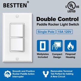 BESTTEN 2 Pack Double Rocker Light Switch, Single Pole Combination Interrupter, 15A 120V, Dual Control Paddle Rockers, in-Wall On/Off Switch, Wall Plate Included, White, UL Listed