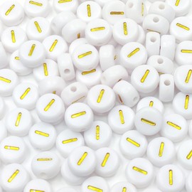 Bxwoum 100PCS 4x7mm White Round Acrylic with Gold Alphabet Letter I Beads for Jewelry Making Bracelets Necklaces Key Chains (I-100PCS)