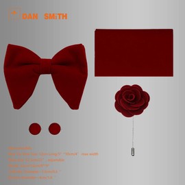 Dan Smith Suede Party Oversized Bow Ties Plain Oversized Bowtie Pocket Squares Cufflinks Lapel Pin Set Red Clip-On Adjustable Big C.C.O.T.004 Burgundy, Red