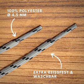 LaceHype 2 Pairs - Premium Round Shoelaces (Diameter 4.5 mm) for Work Shoes, Boots, Outdoor Shoes and Sports Shoes, Tear-Resistant Shoelaces, Replacement Shoelaces Made of Polyester (Grey/Black, 150)