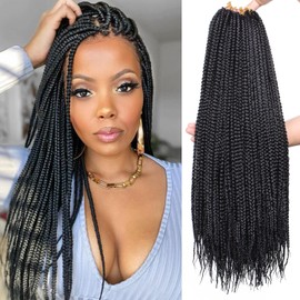 Mscat 8 Packs 18 Inch Box Braids Crochet Hair Pre-looped Knotless Medium 3X Braids 144 Strands Boho Braids Hair Extensions Long Box Braids Black Synthetic Crochet Hair for Women (1B#)