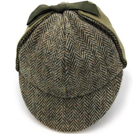 Genuine Harris Tweed - Hunter Hat – Scottish Traditional - Two Peaks and Ear Flaps - Autumn Spring Winter Green Herringbone - Single Piece (XL)