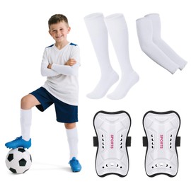 JASGOOD Kids Soccer Shin Guards and Socks with Arm Sleeves for Toddler Youth Age 4-16 Football Protection Defender Gear，White