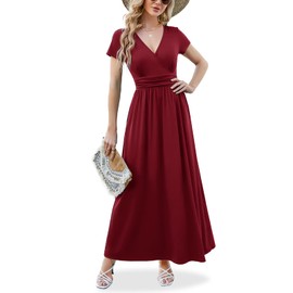 ANRILITA Maxi Dress for Women Wrap V Neck Short Sleeve Empire Pleated Waist Summer Casual Elegant Long Dresses with Pockets Wine Red