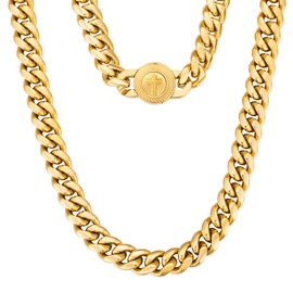 KRKC&CO 12 mm Men's Curb Chain with Lion Head/Skull Clasp, 18K Gold Plated Cuban Link Chain, Stainless Steel Miami Cuban Link Chain, Hip Hop Necklace for Men Boys [Size 46-61 cm], Stainless Steel Gold