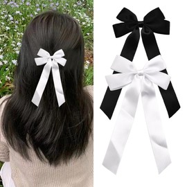 Black Hair Bows for Girls Ribbon Bow for Hair White Bowknot Hair Clips with Long Tail Hair Ribbons Bow Barrettes Ponytail Holder Cute Hair Accessories for Women Teens Slides Alligator Clips 2PCS